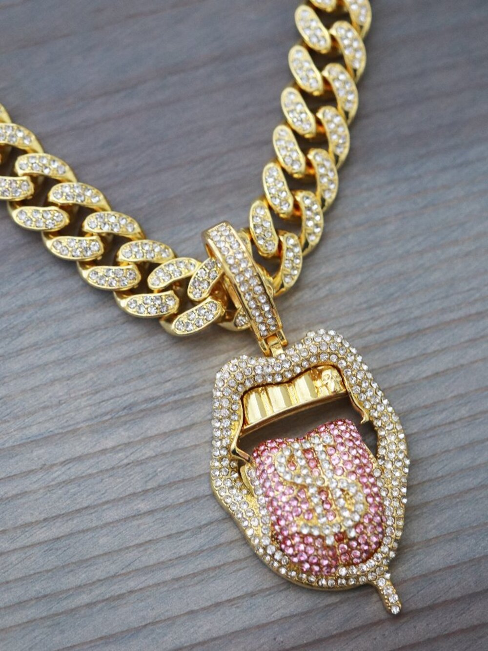Dollar $ Tongue Lips Ice Pendant Pink Chain Necklace 18k Gold Plated